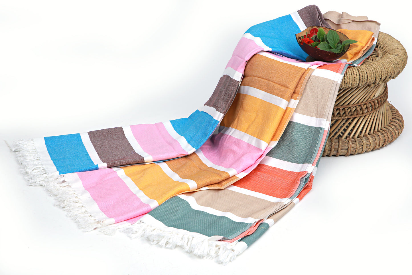 Beetroots Eco-Living Striped Bamboo Beach Towel with Tassels, Multicolour Cotton Blend, Pink Blue Yellow Orange, Ultra soft, Quick Dry, Luxuary spa feel Towels Combo(Pack of 3)