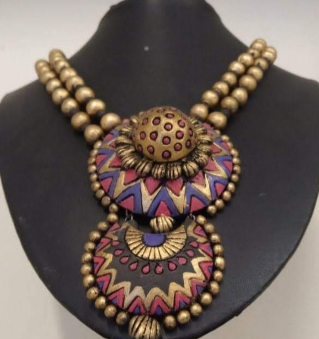 Long Chain With Beautiful Flower Pendant Terracotta Jewellery