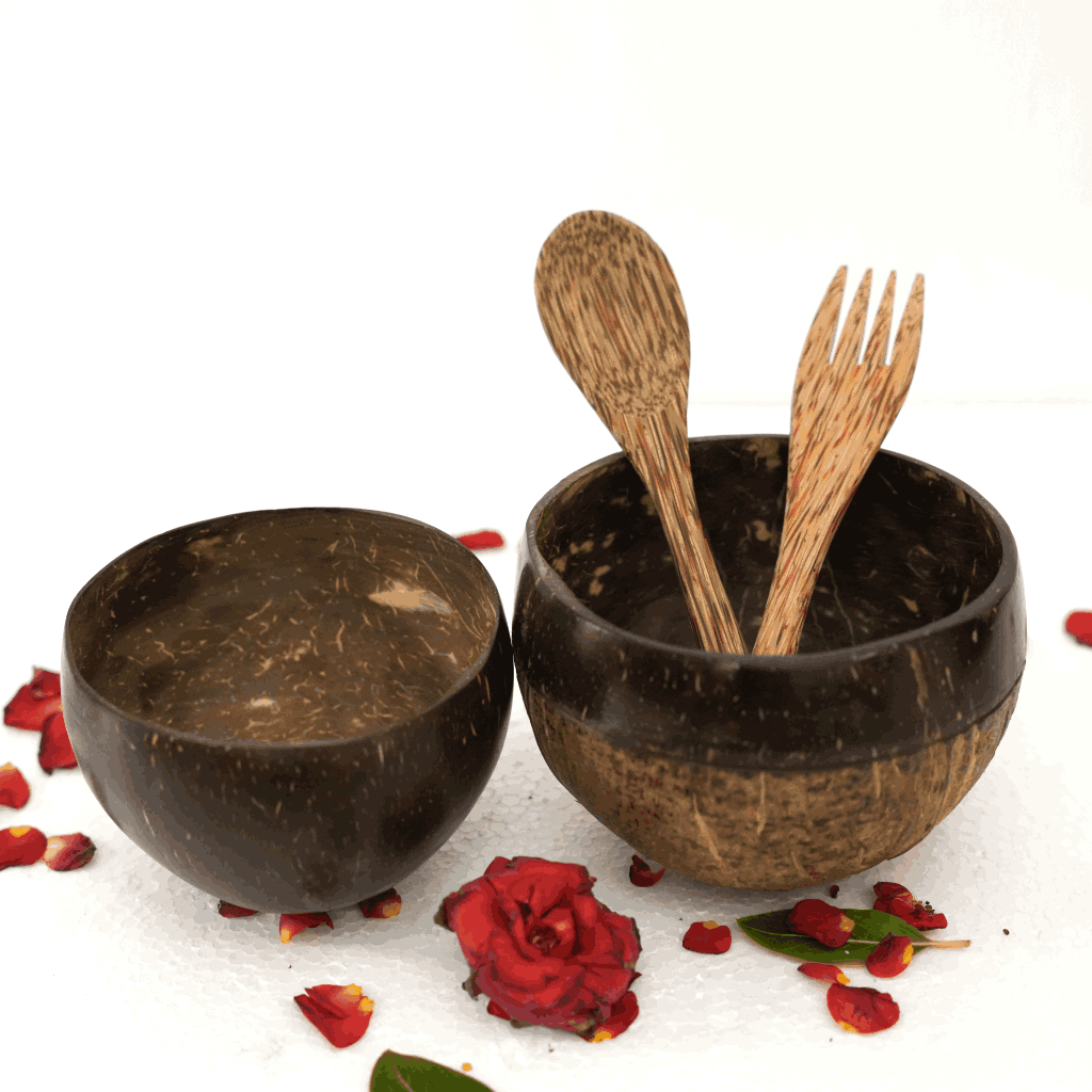 Beautiful Coconut shell bowls combos with spoon and fork (1 Big bowl, 1 medium bowl, 1 spoon, 1 fork)