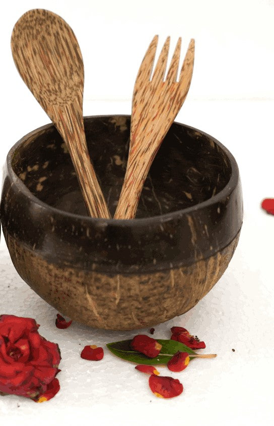 Beautiful Coconut shell bowls combos with spoon and fork (1 Big bowl, 1 medium bowl, 1 spoon, 1 fork)