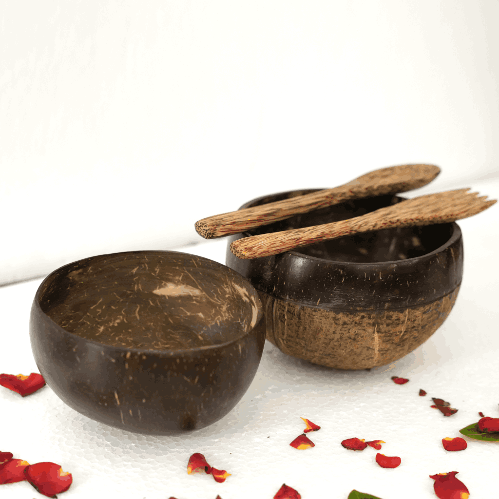Beautiful Coconut shell bowls combos with spoon and fork (1 Big bowl, 1 medium bowl, 1 spoon, 1 fork)