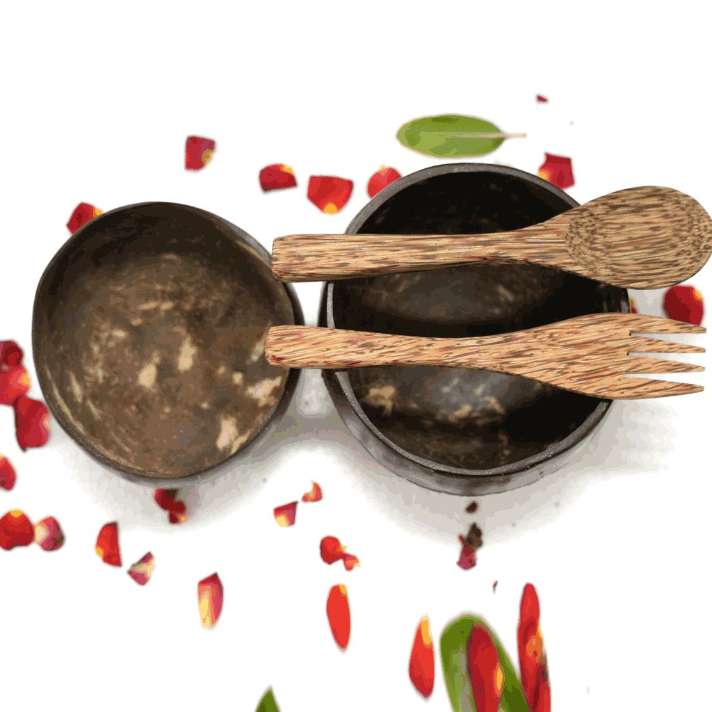 Beautiful Coconut shell bowls combos with spoon and fork (1 Big bowl, 1 medium bowl, 1 spoon, 1 fork)