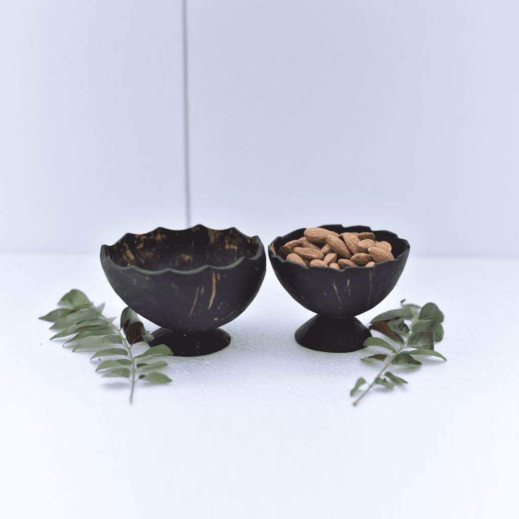 Coconut Shell Eco Friendly Decorative Salad Bowls With Stand (Pack Of 2)