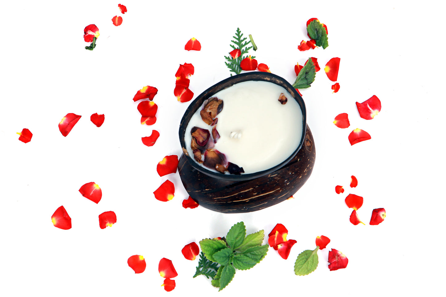 Beetroots Aromatic Soy Wax Candle in Natural Coconut Shell  bowl  with Dried Rose Petals, natural essential oils infused refreshing spa feel,100 gm plant based candle