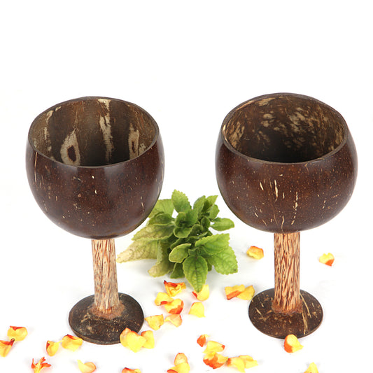 Eco-friendly Coconut Shell Wine Glasses, Handmade, Natural Wood, Hot/Cold Drinkware, 350ml, Set of 2, Brown