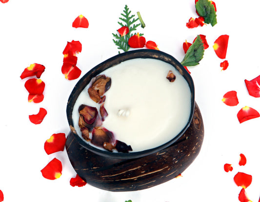 Beetroots Aromatic Soy Wax Candle in Natural Coconut Shell  bowl  with Dried Rose Petals, natural essential oils infused refreshing spa feel,100 gm plant based candle